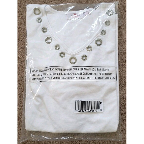 Quacker Factory Women's Long Sleeves Shirt Jeweled White V-Neck Pockets Size XL - Picture 1 of 3